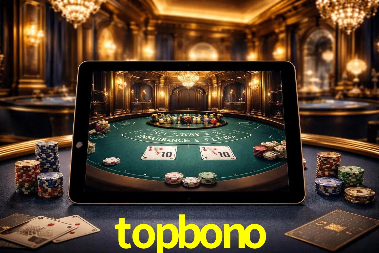 Configuración moderna de casino en vivo con una tableta mostrando una mesa de blackjack, luces cálidas de estudio y una atmósfera elegante de juegos digitales.