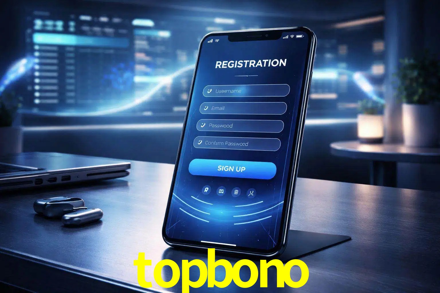 Una interfaz moderna de registro móvil para topbono mostrada en un smartphone con un panel de apuestas elegante.